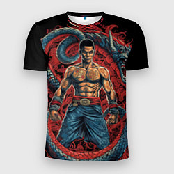 Мужская спорт-футболка Боец Муай-тай и огромный дракон