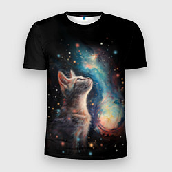 Мужская спорт-футболка Котик смотрит на небо космоса