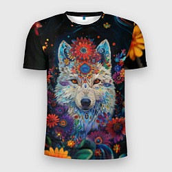 Мужская спорт-футболка Белый волк с цветами акварелью