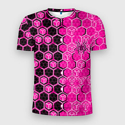 Мужская спорт-футболка Техно-киберпанк шестиугольники розовый и чёрный с