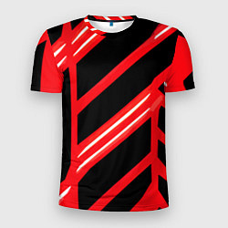 Футболка спортивная мужская Чёрно-белые полосы на красном фоне, цвет: 3D-принт