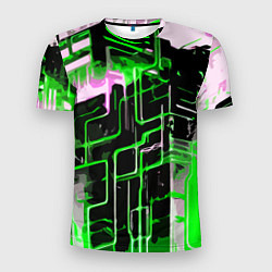 Мужская спорт-футболка Хаотичная зелёно-белая абстракция