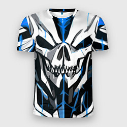 Футболка спортивная мужская Белый череп и синие полосы на чёрном фоне, цвет: 3D-принт