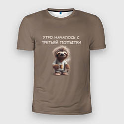 Футболка спортивная мужская Ленивец с кружкой кофе: утро началось с третьей по, цвет: 3D-принт