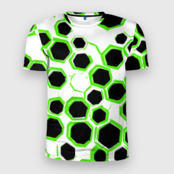 Футболка спортивная мужская Чёрно-зелёные шестиугольники на белом фоне, цвет: 3D-принт
