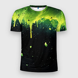 Мужская спорт-футболка Зеленая стекающая краска по черному фону