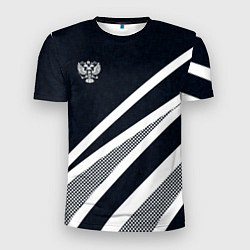 Футболка спортивная мужская Герб России тёмно-синий с белым, цвет: 3D-принт