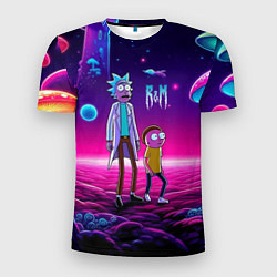 Футболка спортивная мужская Морти и Рик на планете неоновых сказочных грибов, цвет: 3D-принт