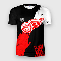 Футболка спортивная мужская Детройт Ред Уингз - брызги краска на черном фоне, цвет: 3D-принт