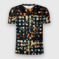 Футболка спортивная мужская Тёмный синий с оранжевым кубики абстракция, цвет: 3D-принт