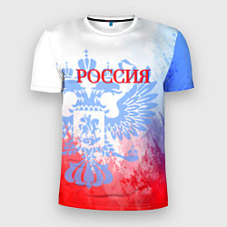 Мужская спорт-футболка Россия с гербом светлый бело-сине-красный