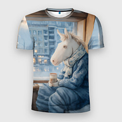 Мужская спорт-футболка Лошадка пьет кофе на подоконнике