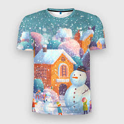 Мужская спорт-футболка Дети во дворе лепят снеговика