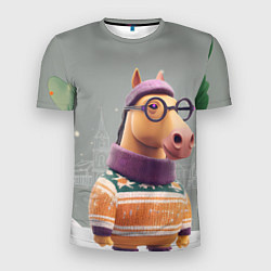 Футболка спортивная мужская Новогодняя лошадка хипстер, цвет: 3D-принт