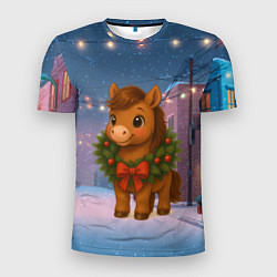 Мужская спорт-футболка Лошадка с новогоднем венком 2026