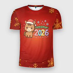 Футболка спортивная мужская Новогодняя лошадка 2026 на красном фоне, цвет: 3D-принт