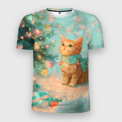 Футболка спортивная мужская Милый рыжий котенок любуется елкой, цвет: 3D-принт