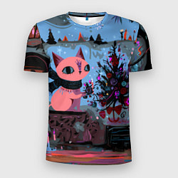 Мужская спорт-футболка Кошка празднует Новый год