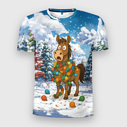 Мужская спорт-футболка Новогодняя лошадь в гирлянде
