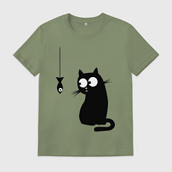 Футболка хлопковая мужская Кот и рыба, цвет: авокадо