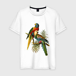 Футболка хлопковая мужская Тропические попугаи, цвет: белый
