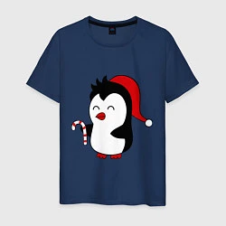 Футболка хлопковая мужская Новогодний пингвин, цвет: тёмно-синий