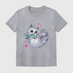 Футболка хлопковая мужская Котик с рыбкой, цвет: меланж