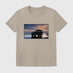 Футболка хлопковая мужская Land Rover Defender на закате, цвет: миндальный