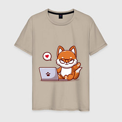 Футболка хлопковая мужская Cute fox and laptop, цвет: миндальный