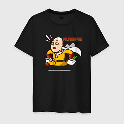 Футболка хлопковая мужская Счастливый Сайтама с пакетами продуктов One Punch-, цвет: черный