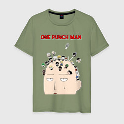 Футболка хлопковая мужская Все персонажи One Punch-Man на голове Сайтамы, цвет: авокадо