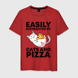 Футболка хлопковая мужская Легко отвлекаюсь на котов и пиццу, цвет: красный