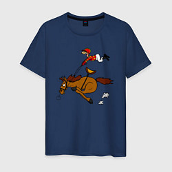 Футболка хлопковая мужская Скачки лошади с жокеем, цвет: тёмно-синий
