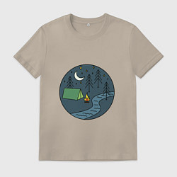Футболка хлопковая мужская Палатка ночью в лесу возле реки, цвет: миндальный