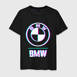 Футболка хлопковая мужская Значок BMW в стиле glitch, цвет: черный