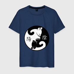 Футболка хлопковая мужская Инь-Янь коты с иероглифами, цвет: тёмно-синий