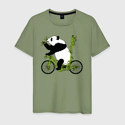 Футболка хлопковая мужская Панда на велосипеде с бамбуком, цвет: авокадо
