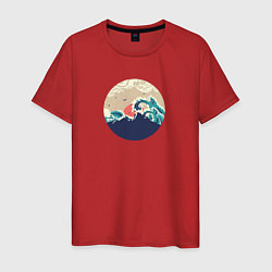 Футболка хлопковая мужская Большие океанские волны и силуэт острова на закате, цвет: красный
