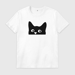 Футболка хлопковая мужская Морда выглядывающего кота, цвет: белый