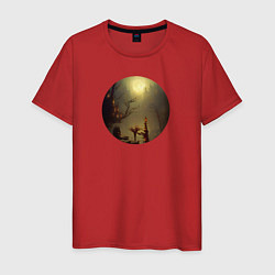 Футболка хлопковая мужская Полная луна над туманным замком, цвет: красный