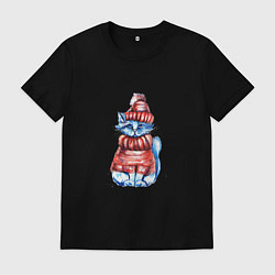 Футболка хлопковая мужская Новогодний котяра, цвет: черный