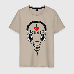 Футболка хлопковая мужская I love Music - headphones, цвет: миндальный