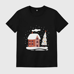Футболка хлопковая мужская Зимний домик, цвет: черный