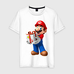 Футболка хлопковая мужская Марио держит подарок, цвет: белый