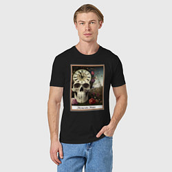 Футболка хлопковая мужская Memento Mori, череп, часы и цветы, в рамке, цвет: черный — фото 2