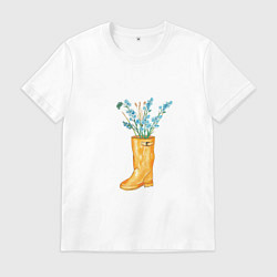 Футболка хлопковая мужская Букет полевых цвето в желтом сапоге, цвет: белый