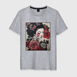 Футболка хлопковая мужская Irezumi - гейша в розах, цвет: меланж