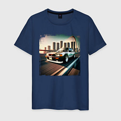 Футболка хлопковая мужская JDM на мосту в городе, цвет: тёмно-синий