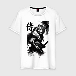 Футболка хлопковая мужская Tiger samurai - hieroglyph - art, цвет: белый