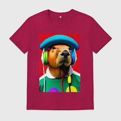 Футболка хлопковая мужская Капибара в наушниках и шляпе - нейросеть, цвет: маджента